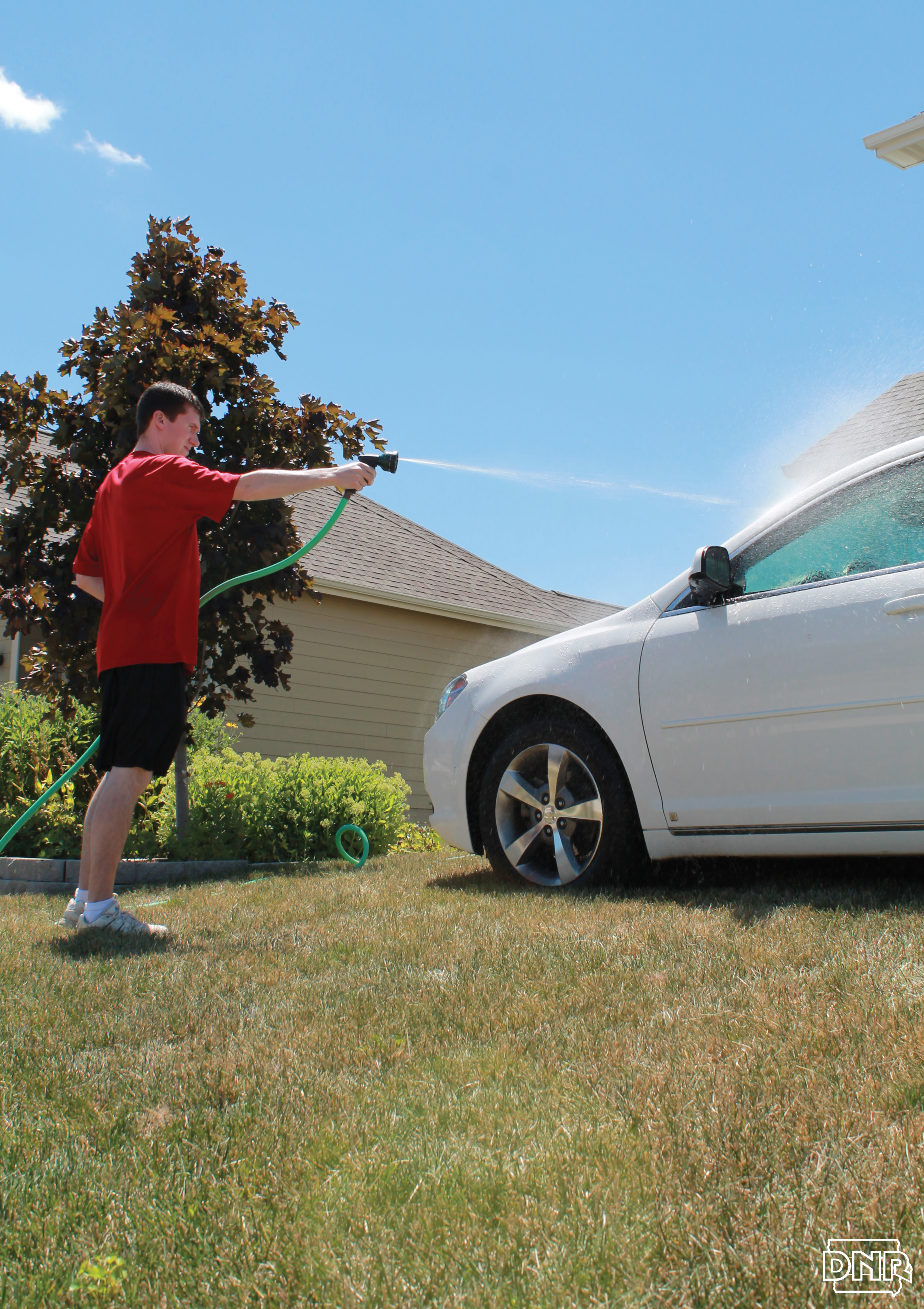 If you wash your car at home, park it on the grass to keep soaps and cleaners out of the storm sewer - more tips | Iowa DNR